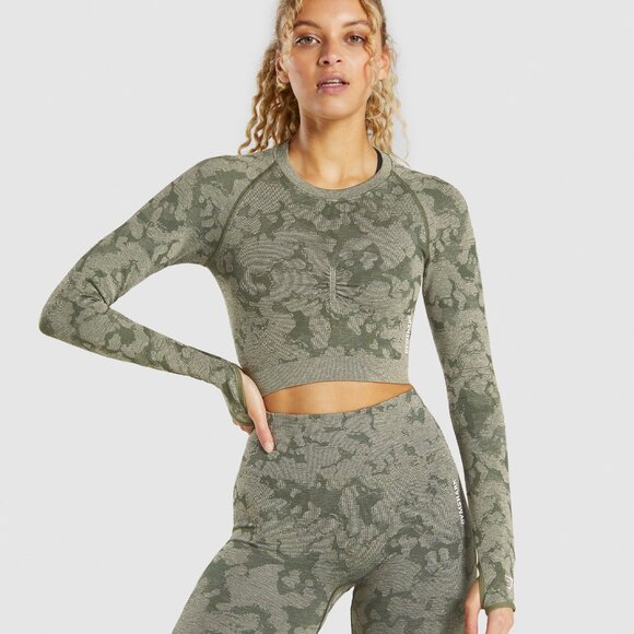 GYMSHARK XS Adapt Camo Seamless Long Sleeve Crop Top Thumbhole Sleeves Green XS - Picture 10 of 10